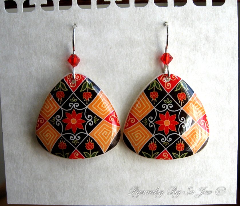 Black Triangle Fall Florals Earrings Pysanky Jewelry by So Jeo